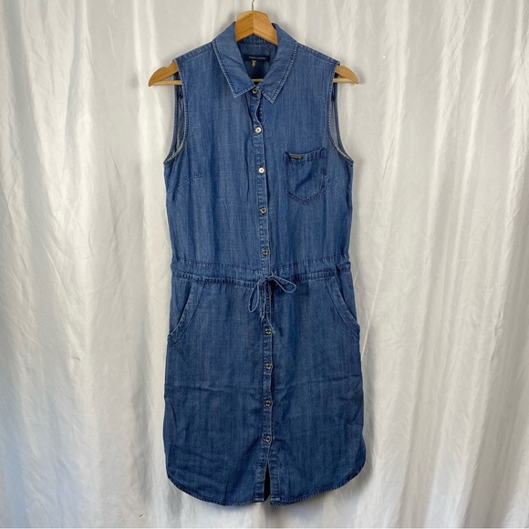 Tommy Hilfiger Sleeveless Blue Chambray Denim Tunic Collar Dress Size Medium - Picture 1 of 16